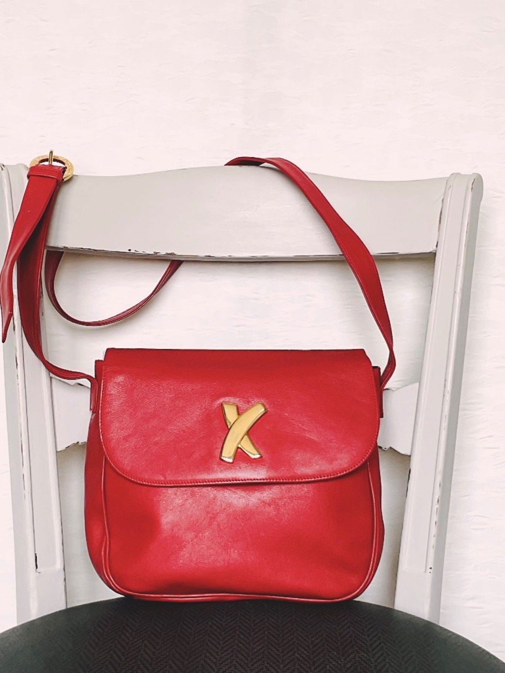 Paloma Picasso Vintage Leather Shoulder Bag Half Flap Front Red Purse 🇮🇹